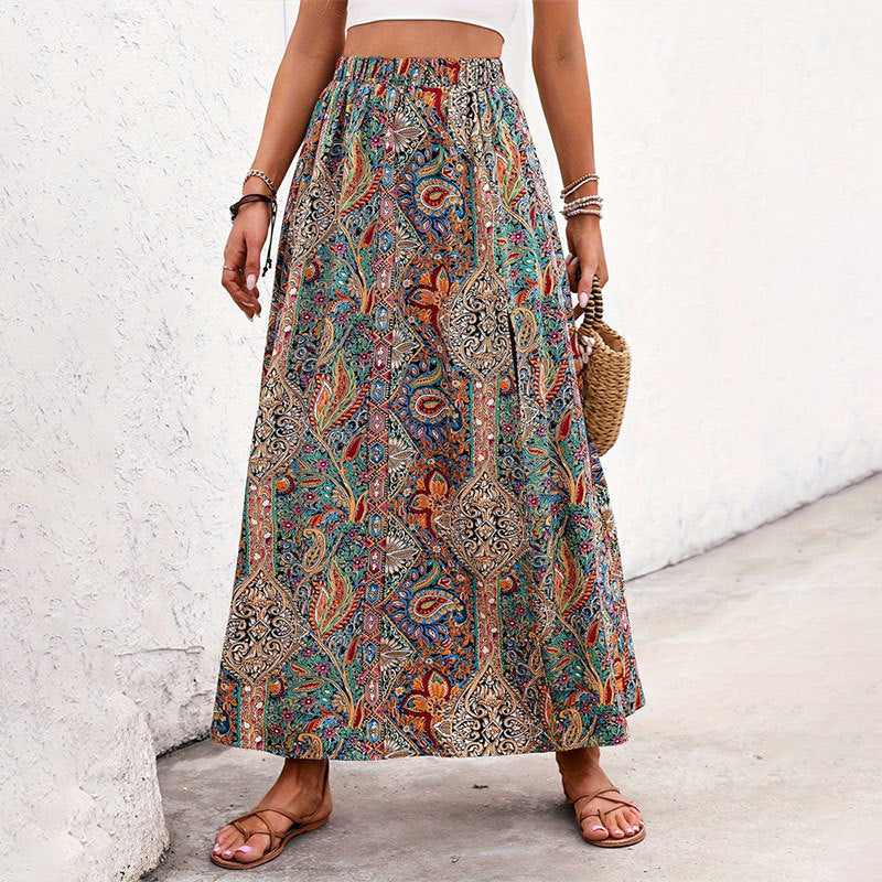 Womens Ethnic-style Floral-print A-line Skirt With A Slit