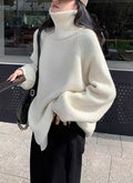 Loose, Mid-Length Effortless-Style Knitted Sweater For Women With Side Zipper And Lapel Design