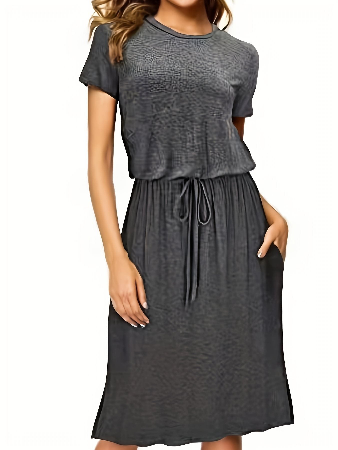 Waist-tight Pure Color Split Irregular Crew Neck Dress