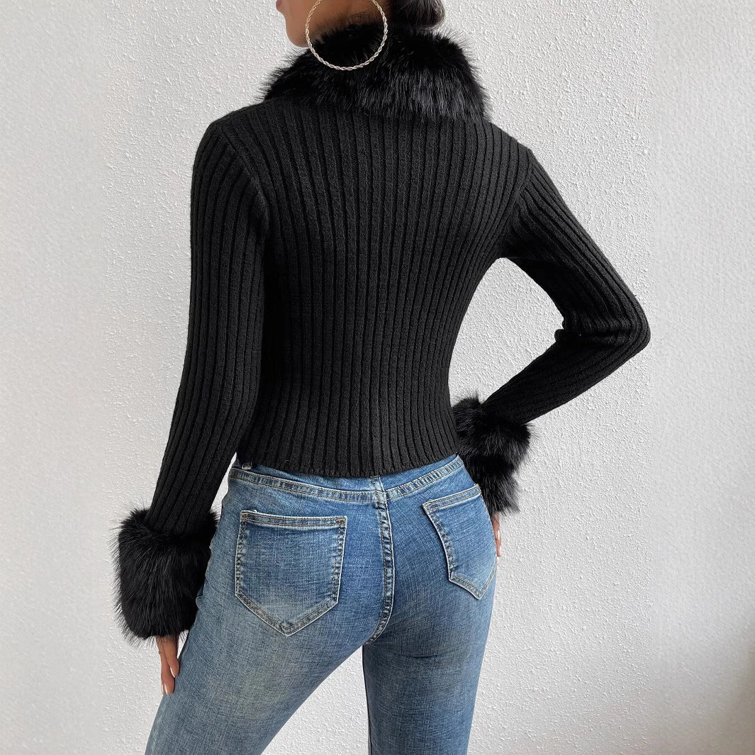 New V-neck Knitted Cardigan With A Slim Fit And A Fur-trimmed Collar