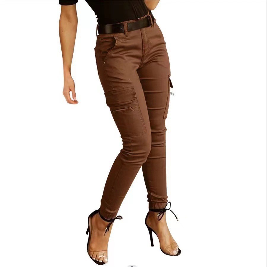 Ankle-length Low-rise Solid-color Cargo Pants With Pockets These Are Slim-fit Leggings