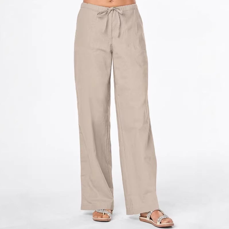 Solid-color Drawstring-pocket Loose Casual Wide-leg Linen Pants