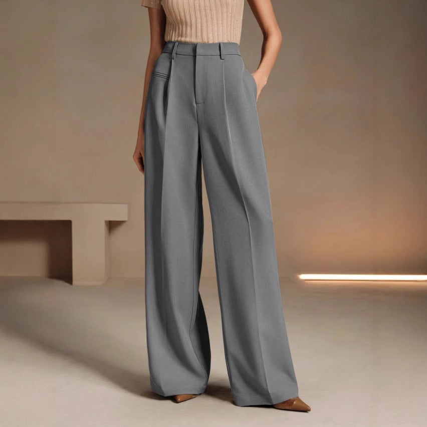 Womens High-Waisted Versatile White Straight-Leg Suit Pants