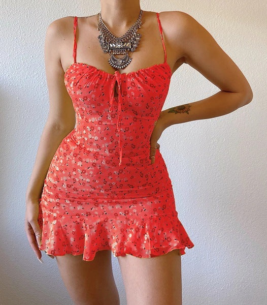 Floral Strap Chest Hollow Dress