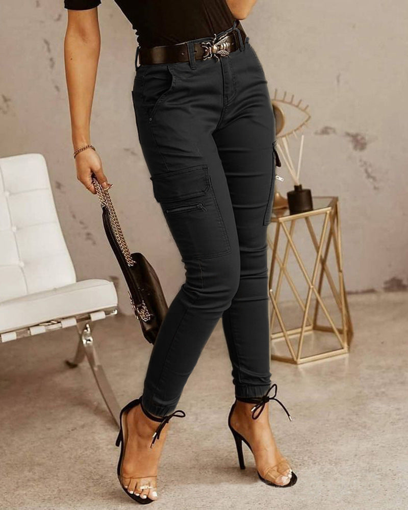 Ankle-length Low-rise Solid-color Cargo Pants With Pockets These Are Slim-fit Leggings