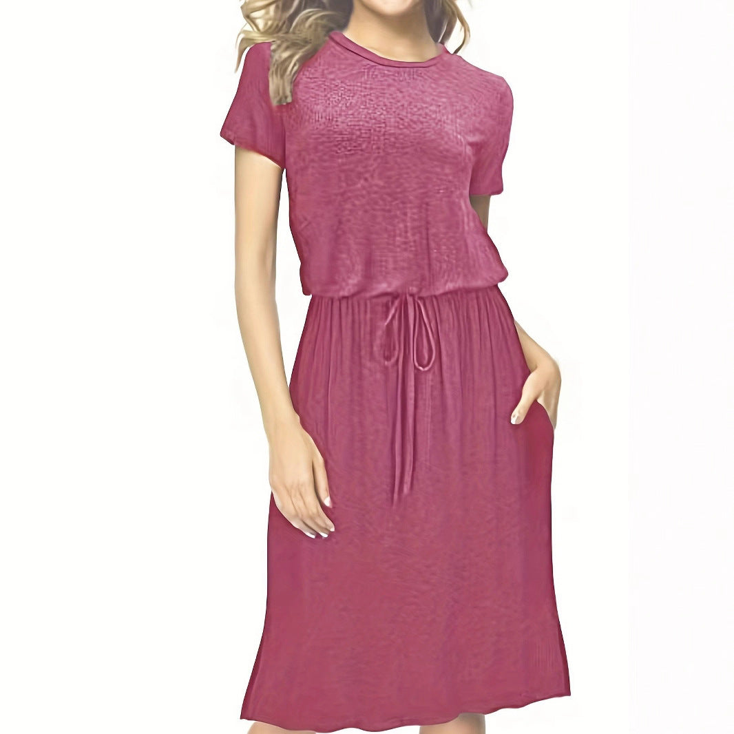 Waist-tight Pure Color Split Irregular Crew Neck Dress