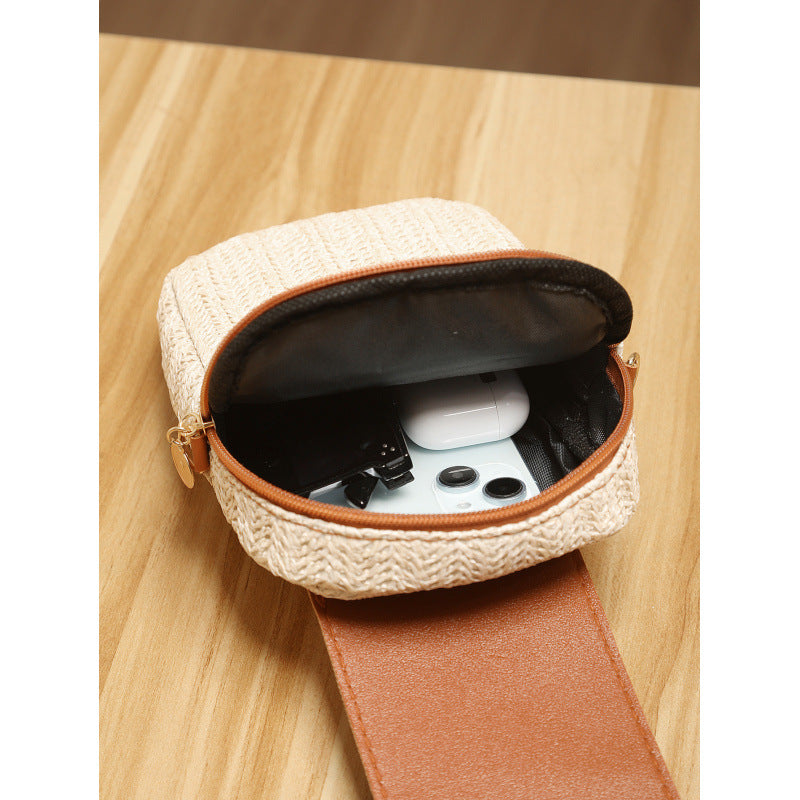 Trendy Straw Mobile Phone Pearl Tassel Bag