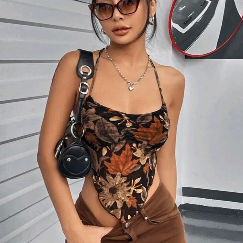 Retro Style Spicy Girl Maple Leaf Printed Camisole Short Vest Top For Women