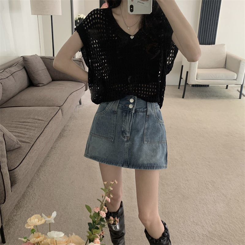 Blouse Hollow Out V-neck Knitwear Short Sleeve Vest Off-shoulder Broken Hole Design