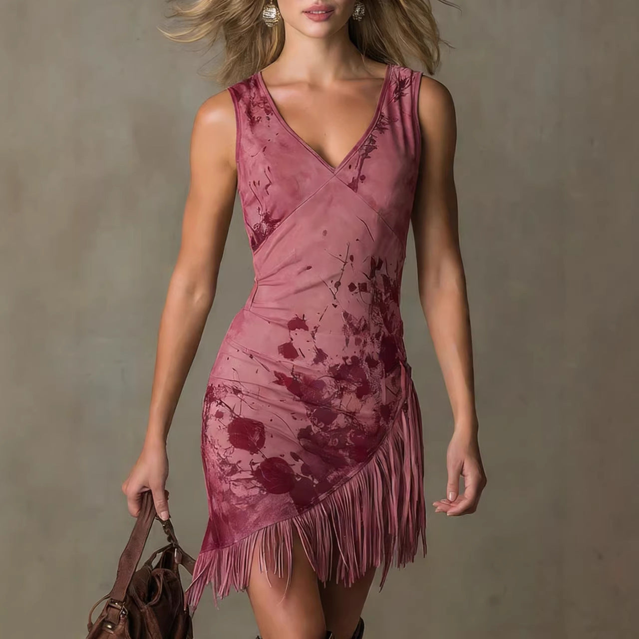 Fringed Ink-Print Mini V-Neck Dress