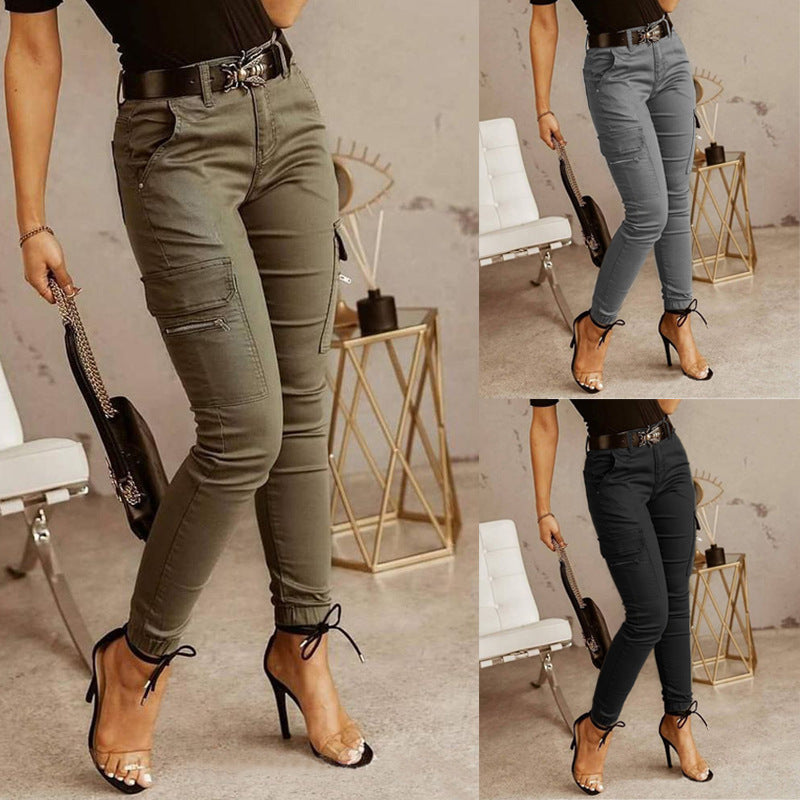 Ankle-length Low-rise Solid-color Cargo Pants With Pockets These Are Slim-fit Leggings