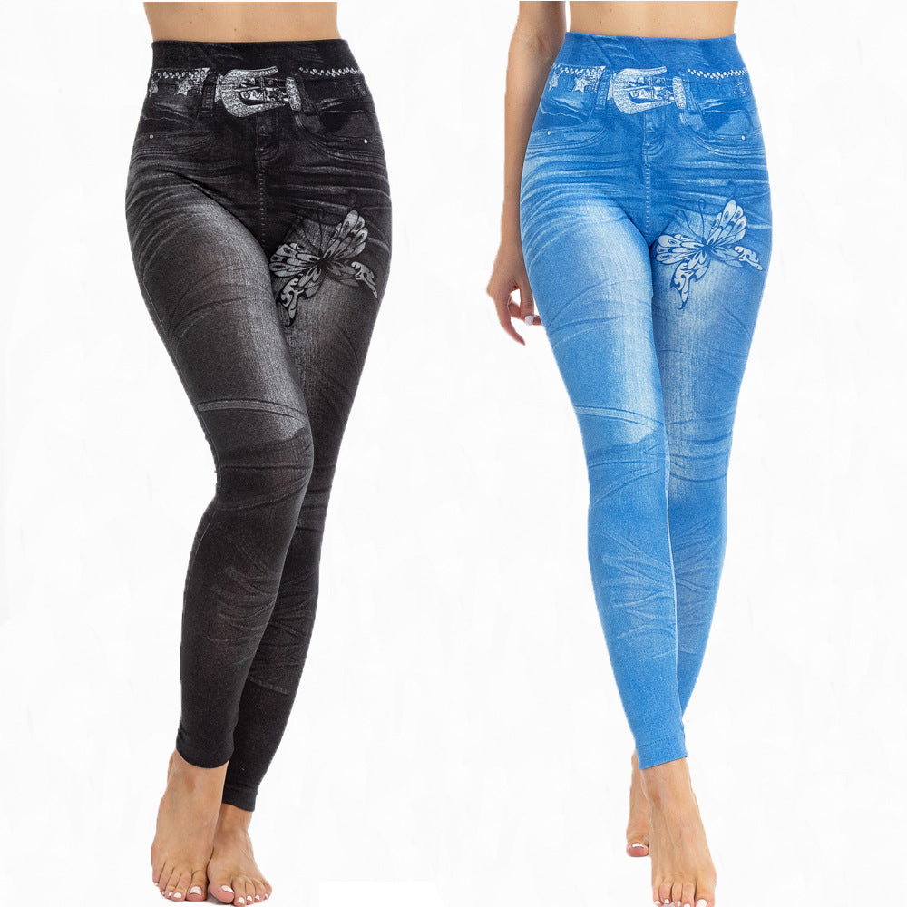 Womens Denim-Look Skinny Pants With Belt And Butterfly Print