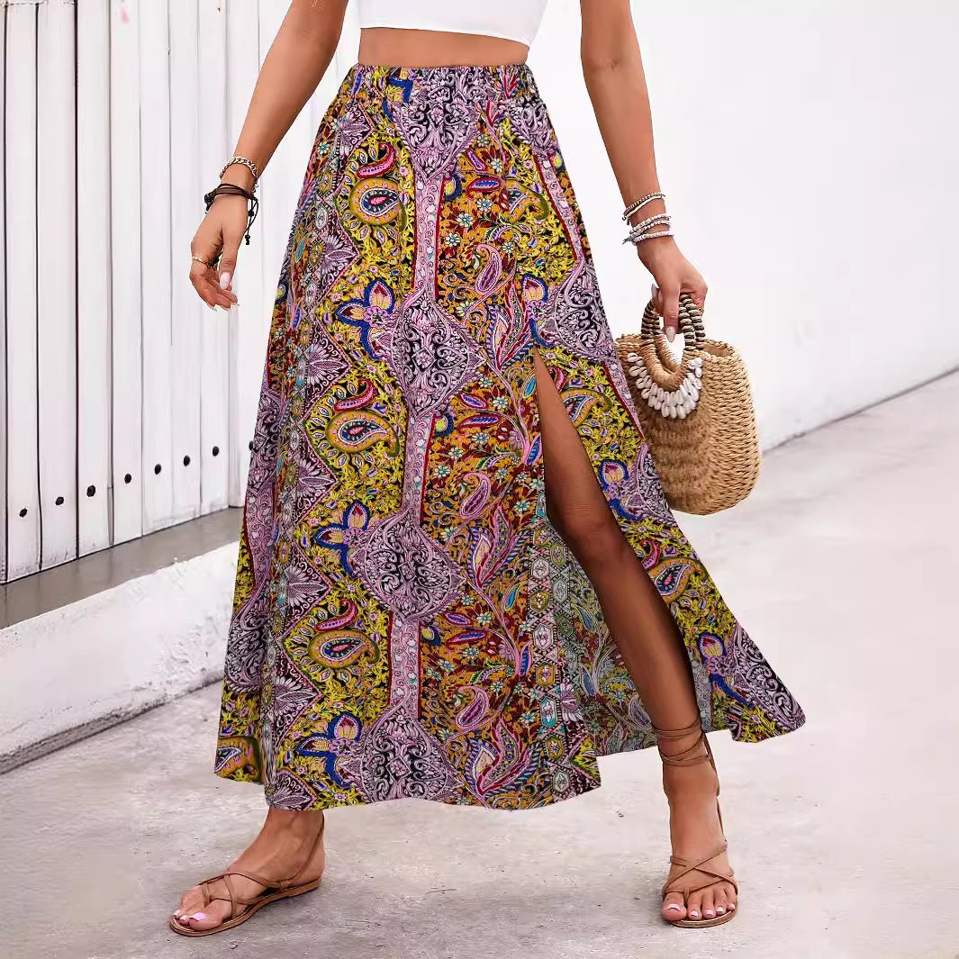 Womens Ethnic-style Floral-print A-line Skirt With A Slit