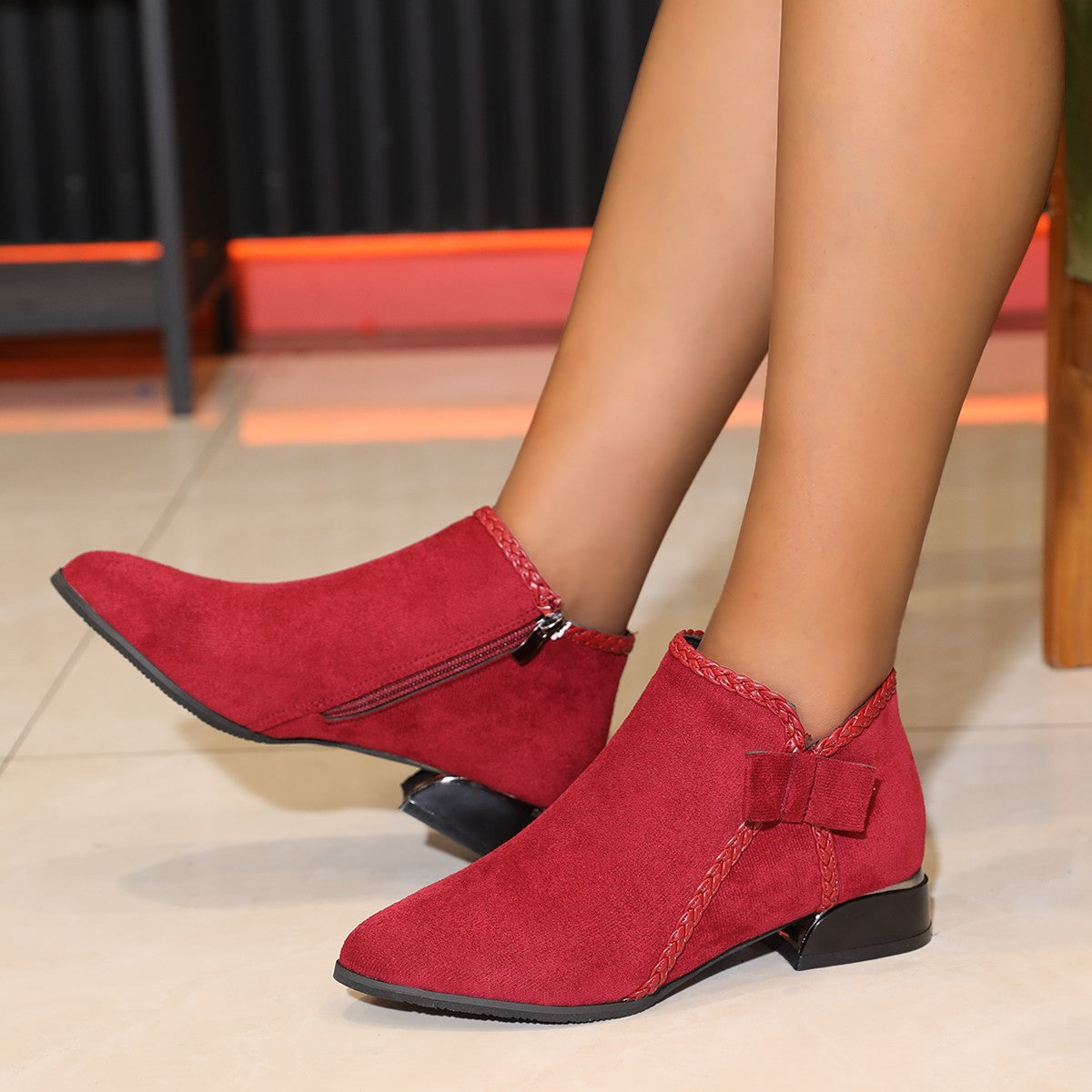 Bow-tie Pointed-toe Side-zip Womens Boots