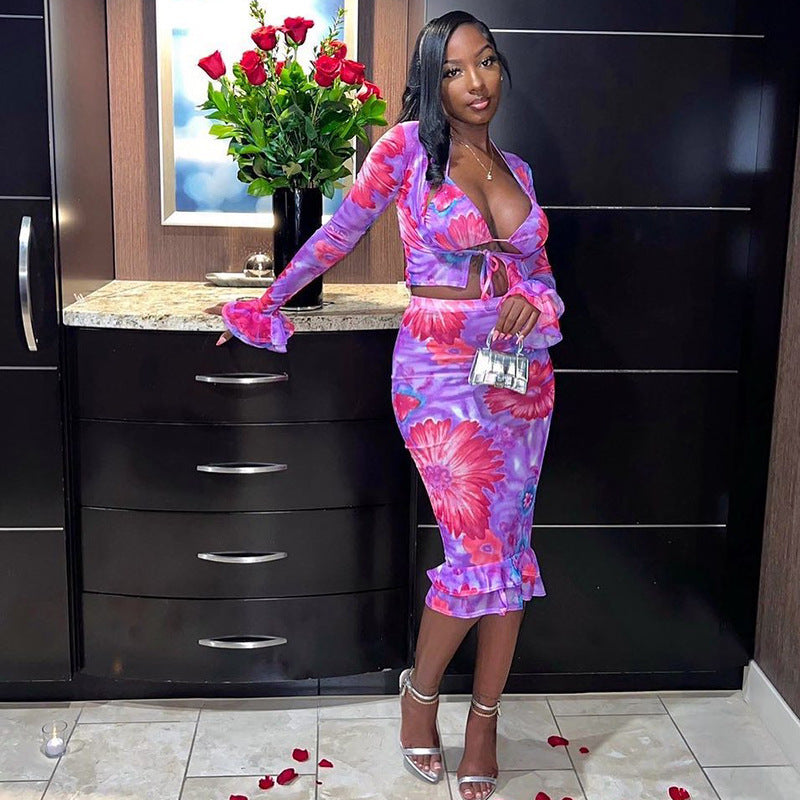 Womens Floral Print Midriff Baring Flared Sleeve Ruffle Trim Swimsuit Dress Set