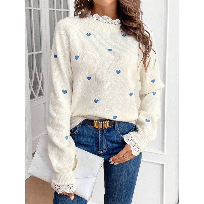 Womens Heart-Shaped Embroidered Patchwork Knit Base Layer Top