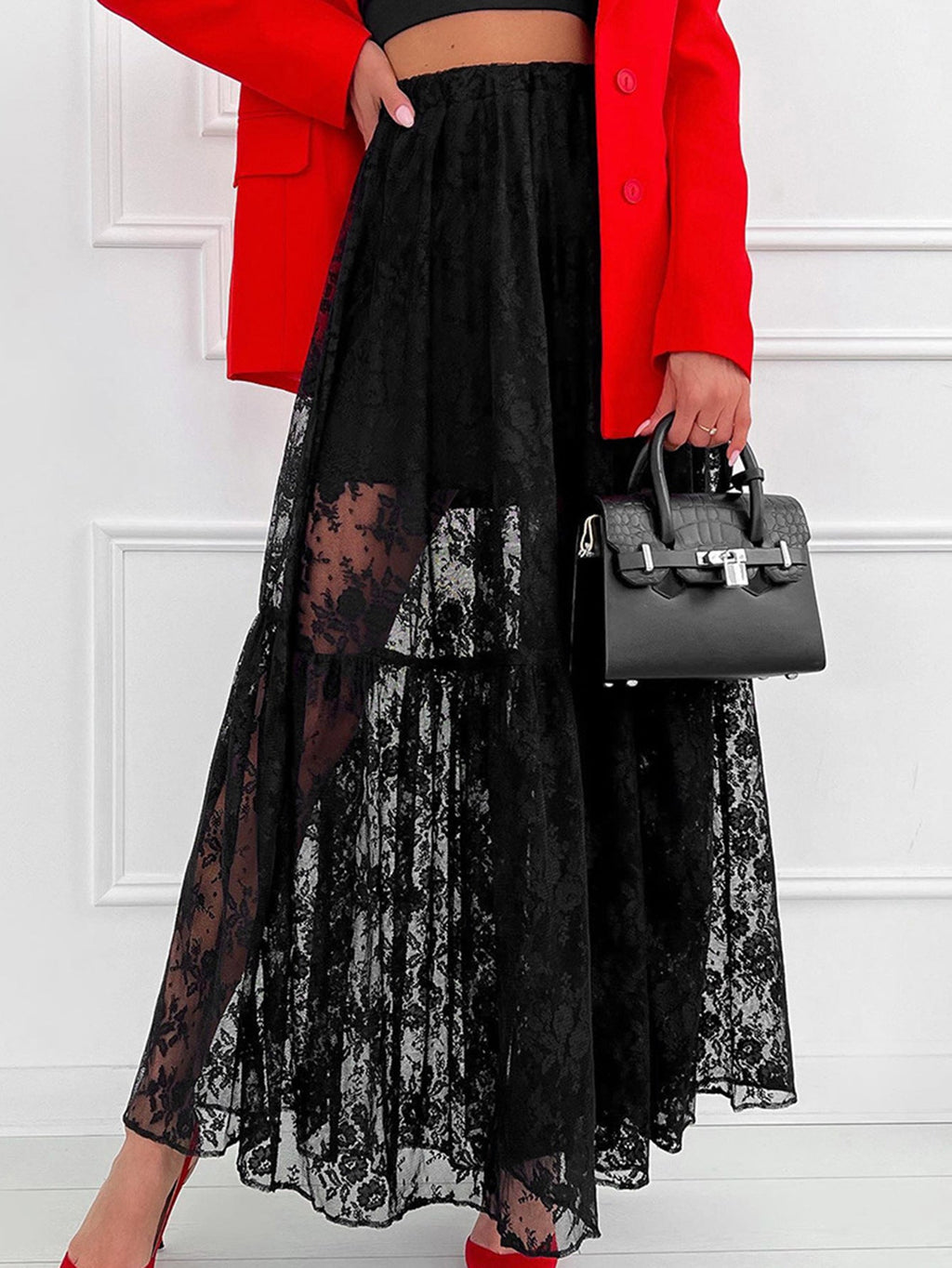 Sheer Polyester Lace A-Line Commuter Skirt