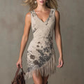 Fringed Ink-Print Mini V-Neck Dress