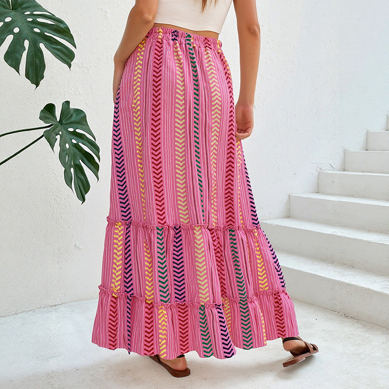 Womens Tassel-Laced Ethnic-Style Striped Printed Skirt