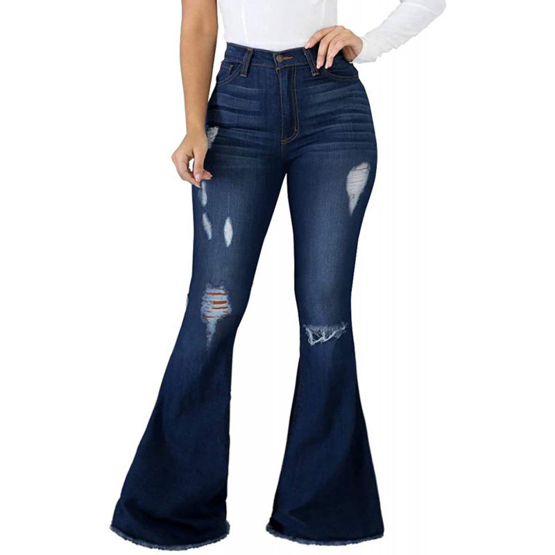 High-Elastic Ripped Flare Jeans For Women