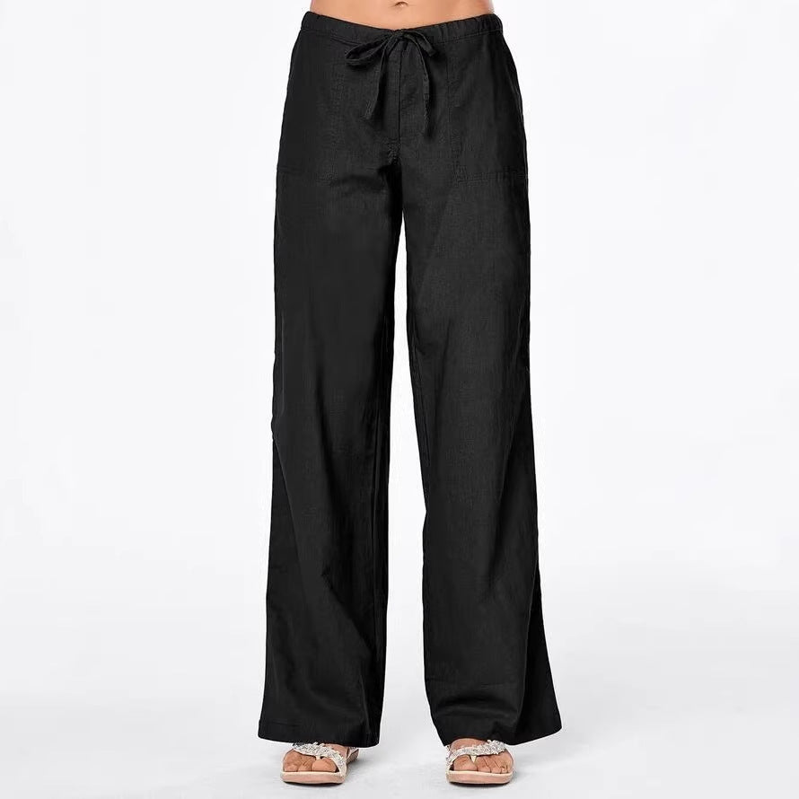 Solid-color Drawstring-pocket Loose Casual Wide-leg Linen Pants