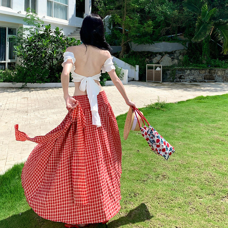 Youthful Red Plaid Skirt With Designer Flair Versatile Two-Way Skirt Set With A Strappy White Backless Top