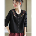 Womens Retro Embroidered Crew-Neck Long-Sleeve Top