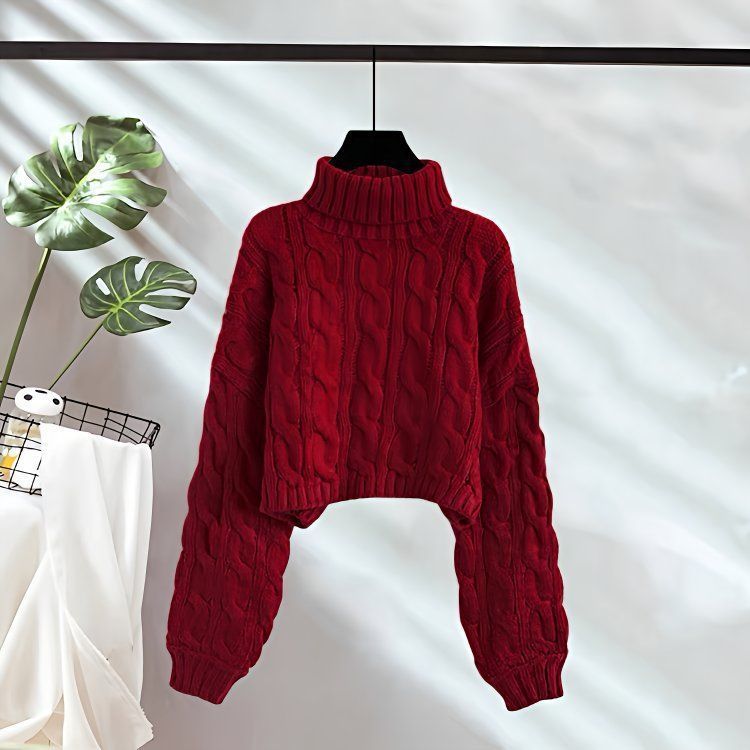 New AutumnWinter Linen Short Turtleneck Outerwear Knitted Floral Sweater For Women
