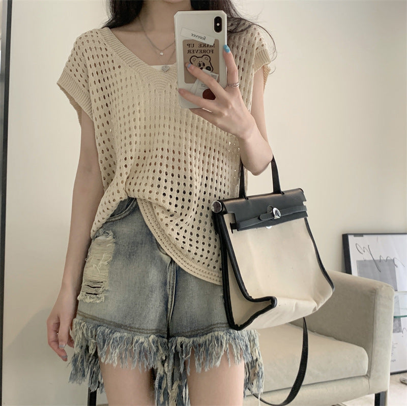Blouse Hollow Out V-neck Knitwear Short Sleeve Vest Off-shoulder Broken Hole Design