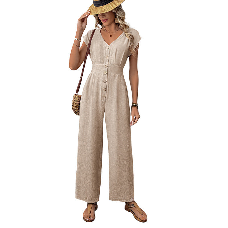 Casual V-neck Solid-color High-waist Wide-leg Jumpsuit