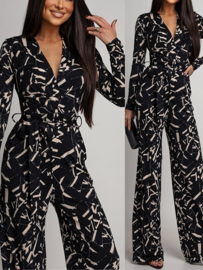 European And American V-neck Printed Long-sleeve Jumpsuit