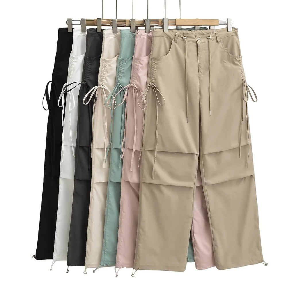 Lace-up Loose-fit Slimming Straight-leg Wide-leg Casual Pants