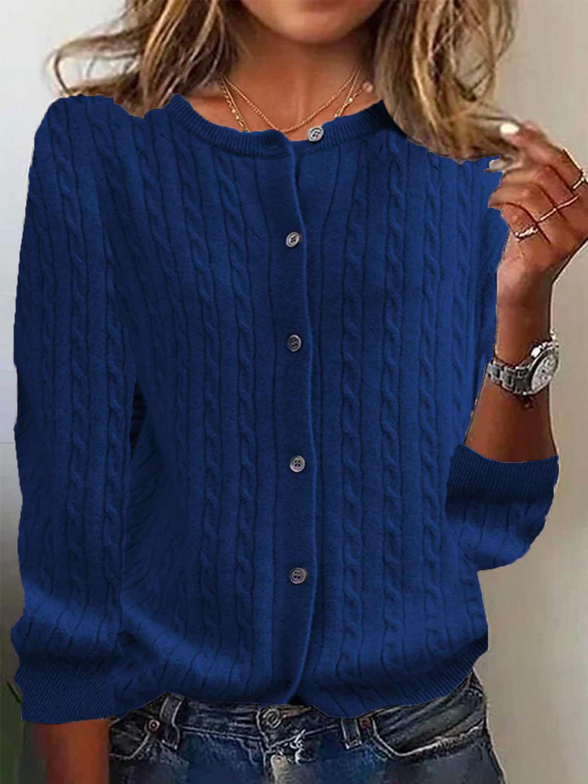 Womens Andi Fleece Crew-Neck Knitted Linen-Flower Cardigan Sweater