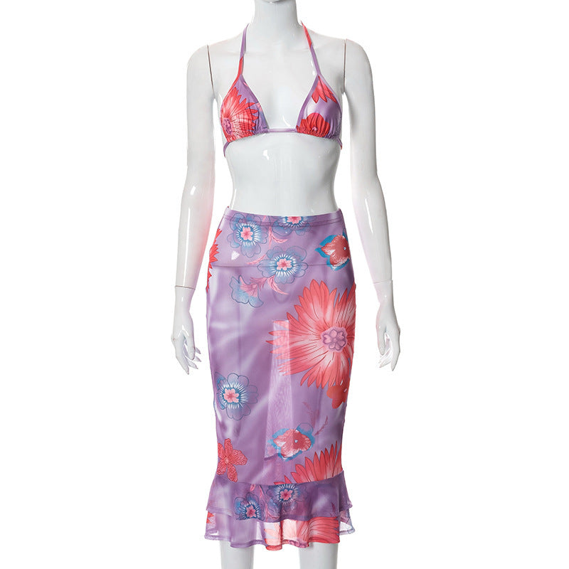 Womens Floral Print Midriff Baring Flared Sleeve Ruffle Trim Swimsuit Dress Set