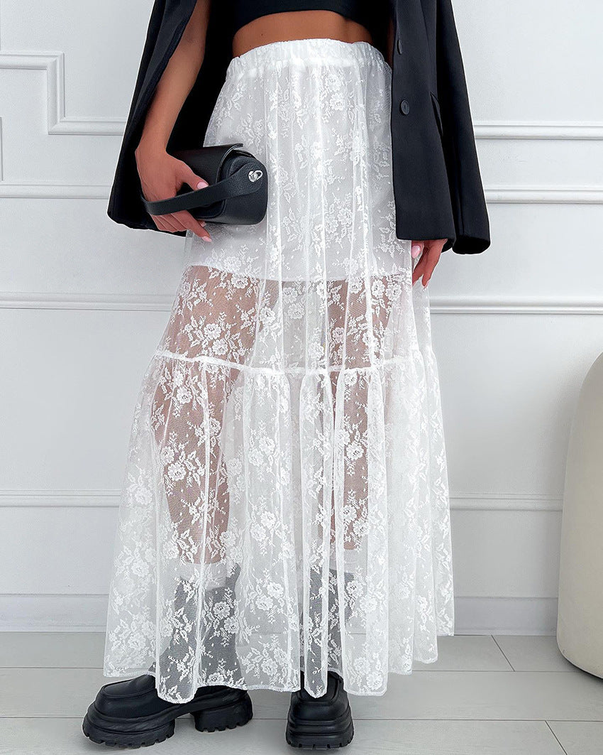 Sheer Polyester Lace A-Line Commuter Skirt