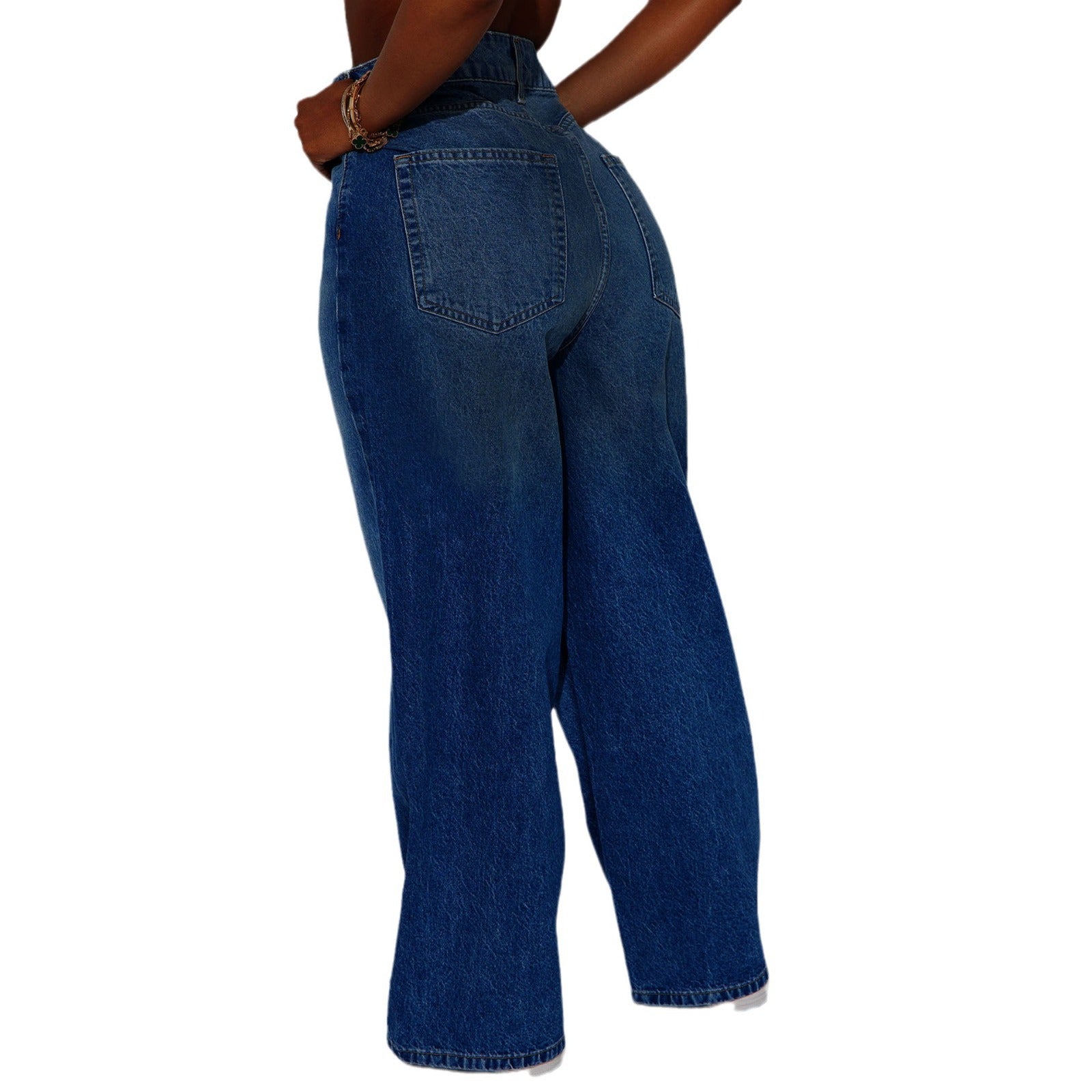 High-waisted Dark-blue Wide-leg Floor-length Jeans