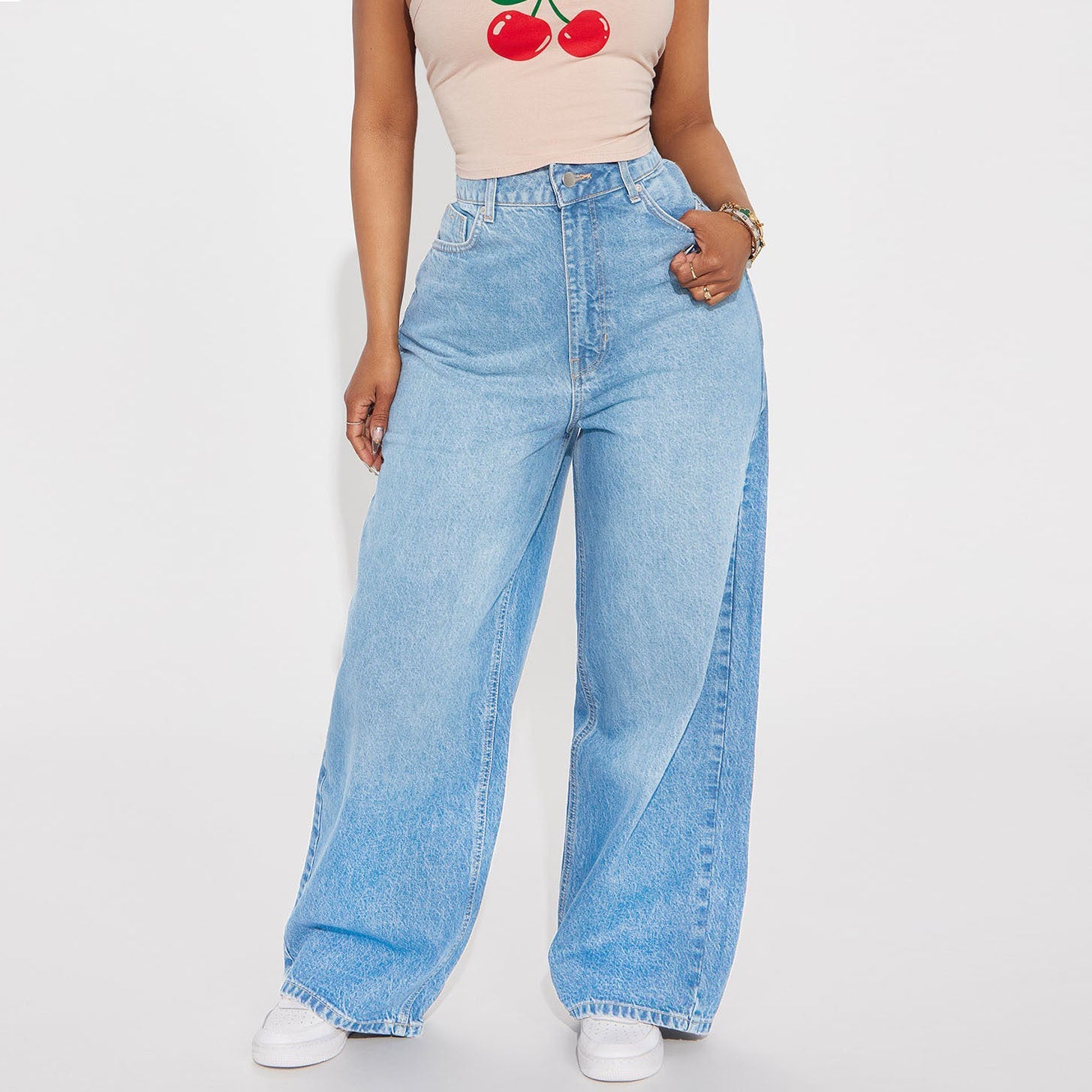 High-waisted Dark-blue Wide-leg Floor-length Jeans