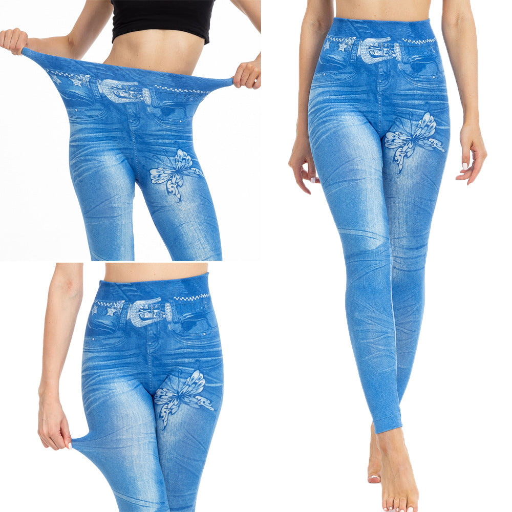 Womens Denim-Look Skinny Pants With Belt And Butterfly Print