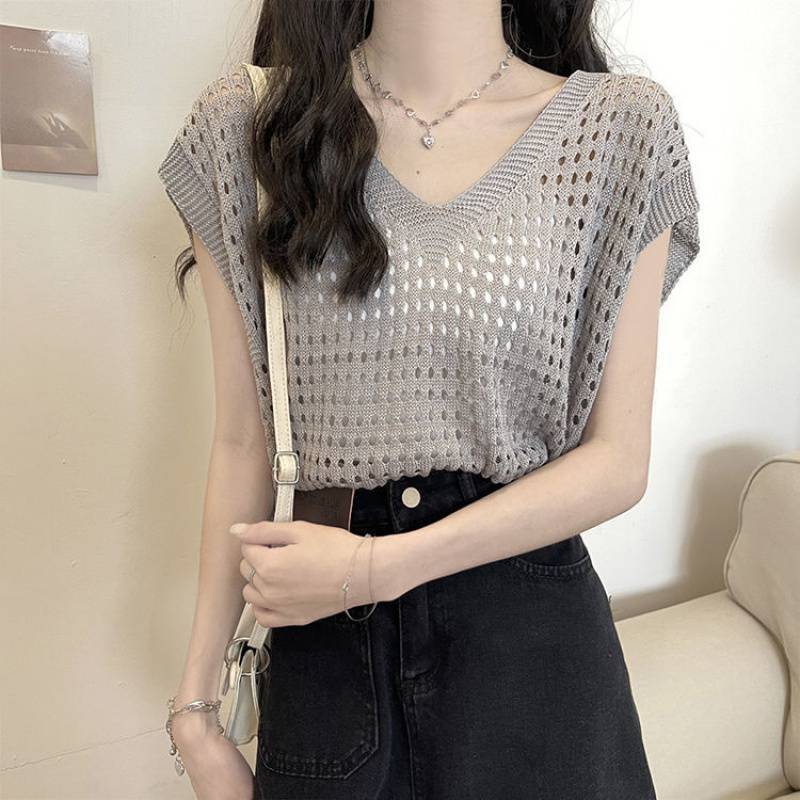 Blouse Hollow Out V-neck Knitwear Short Sleeve Vest Off-shoulder Broken Hole Design