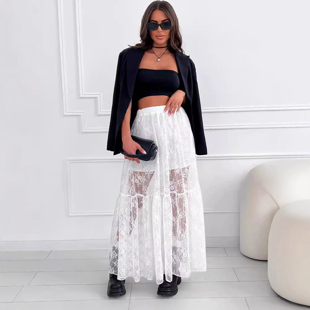 Sheer Polyester Lace A-Line Commuter Skirt