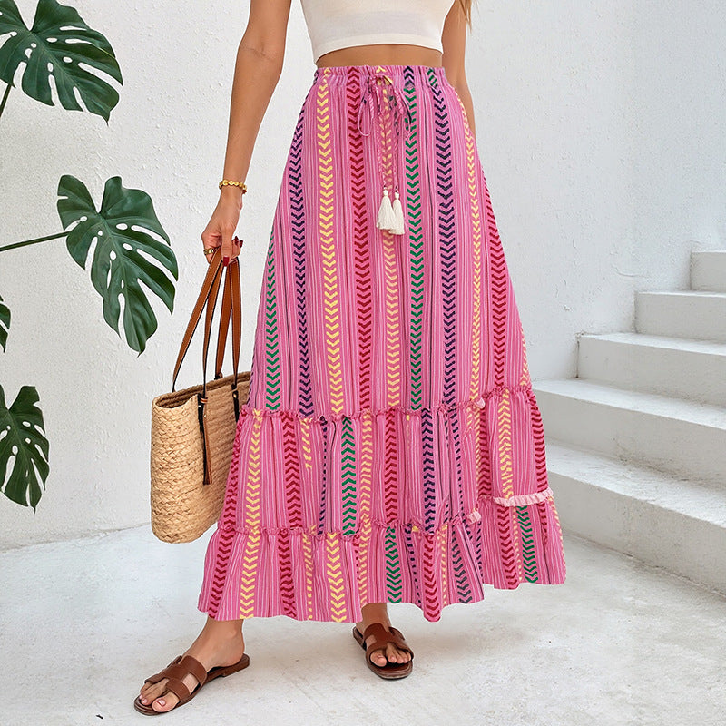 Womens Tassel-Laced Ethnic-Style Striped Printed Skirt