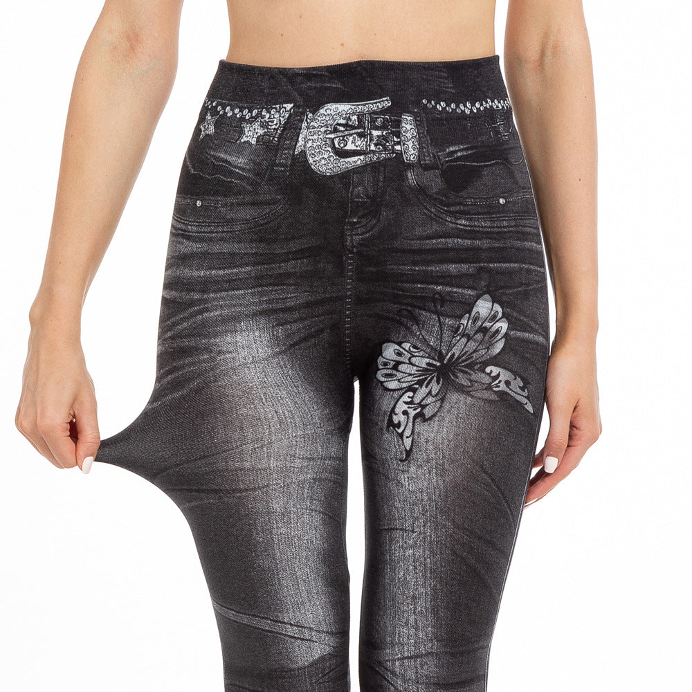 Womens Denim-Look Skinny Pants With Belt And Butterfly Print