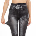 Womens Denim-Look Skinny Pants With Belt And Butterfly Print