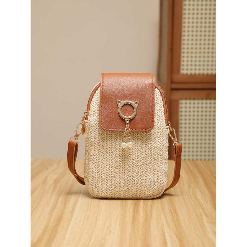Trendy Straw Mobile Phone Pearl Tassel Bag