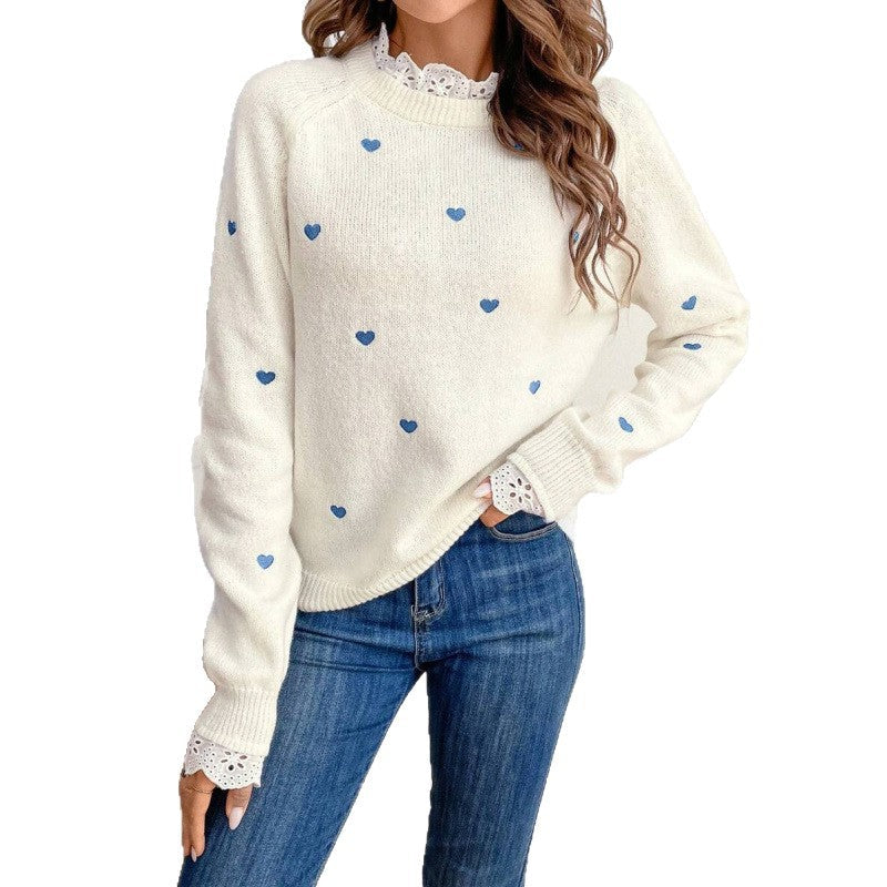 Womens Heart-Shaped Embroidered Patchwork Knit Base Layer Top