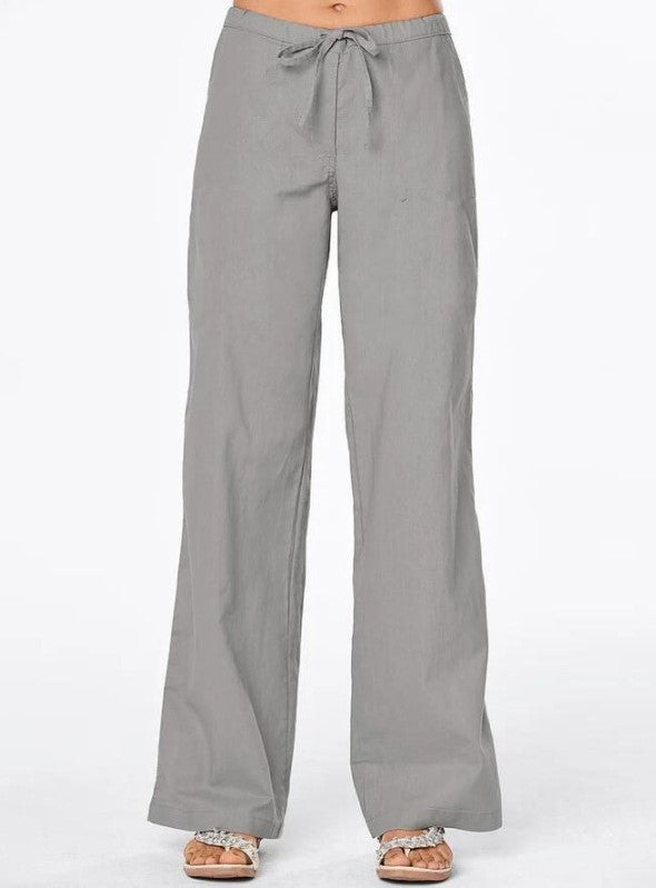 Solid-color Drawstring-pocket Loose Casual Wide-leg Linen Pants